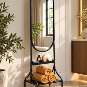 Onyx Arc black standing mirror with storage shelves and stainless steel frame