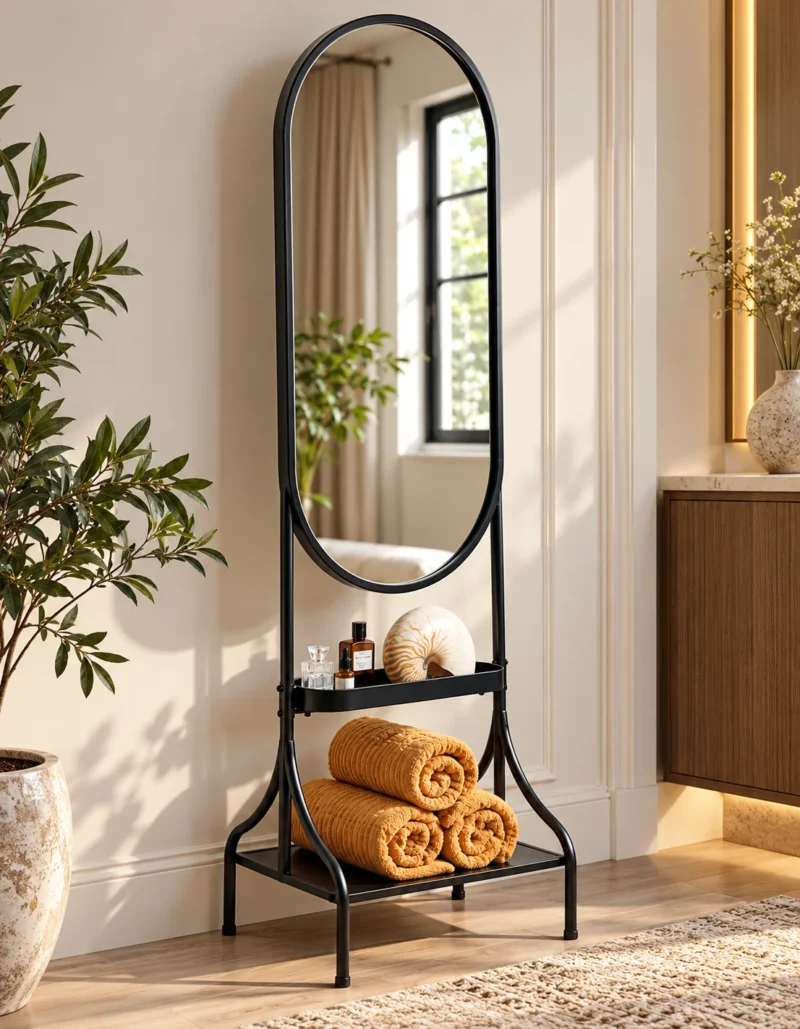 Onyx Arc black standing mirror with storage shelves and stainless steel frame