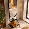 Onyx Arc black standing mirror with storage shelves and stainless steel frame