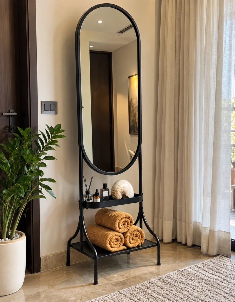 Onyx Arc black standing mirror with storage shelves and stainless steel frame