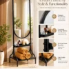 Onyx Arc black standing mirror with storage shelves and stainless steel frame