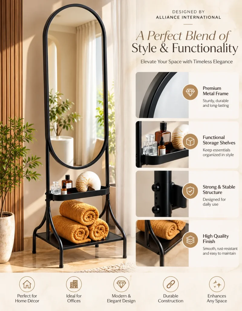 Onyx Arc black standing mirror with storage shelves and stainless steel frame