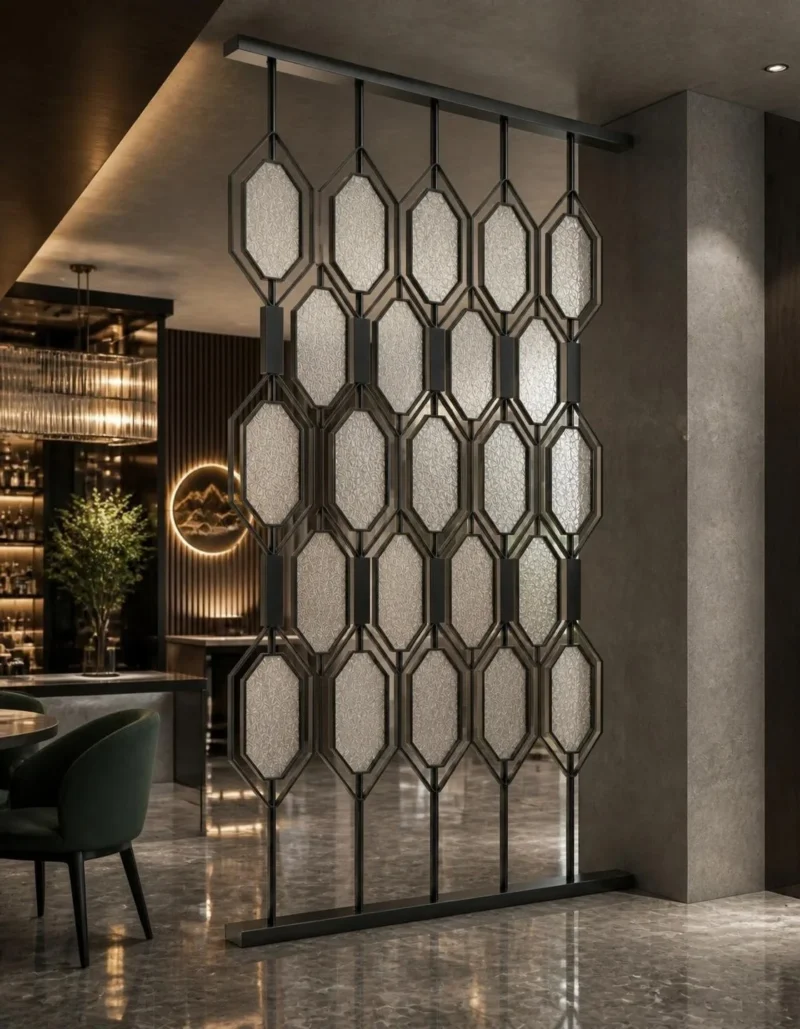 Onyx Geo geometric premix glass partition with black frame