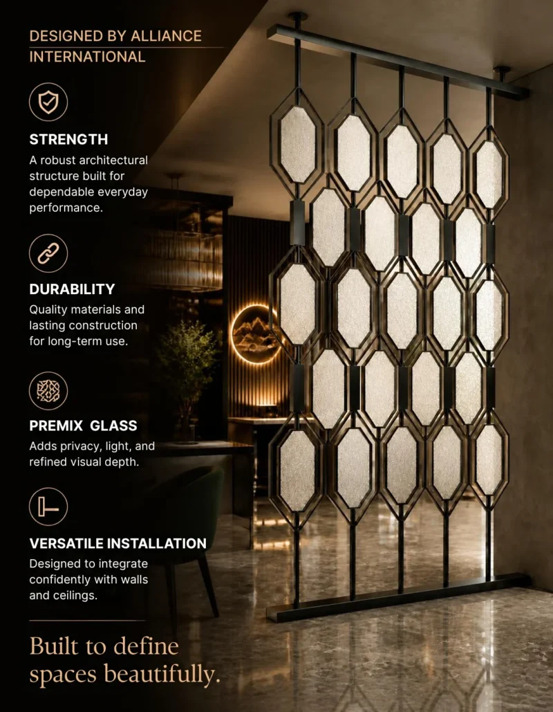 Onyx Geo geometric premix glass partition with black frame