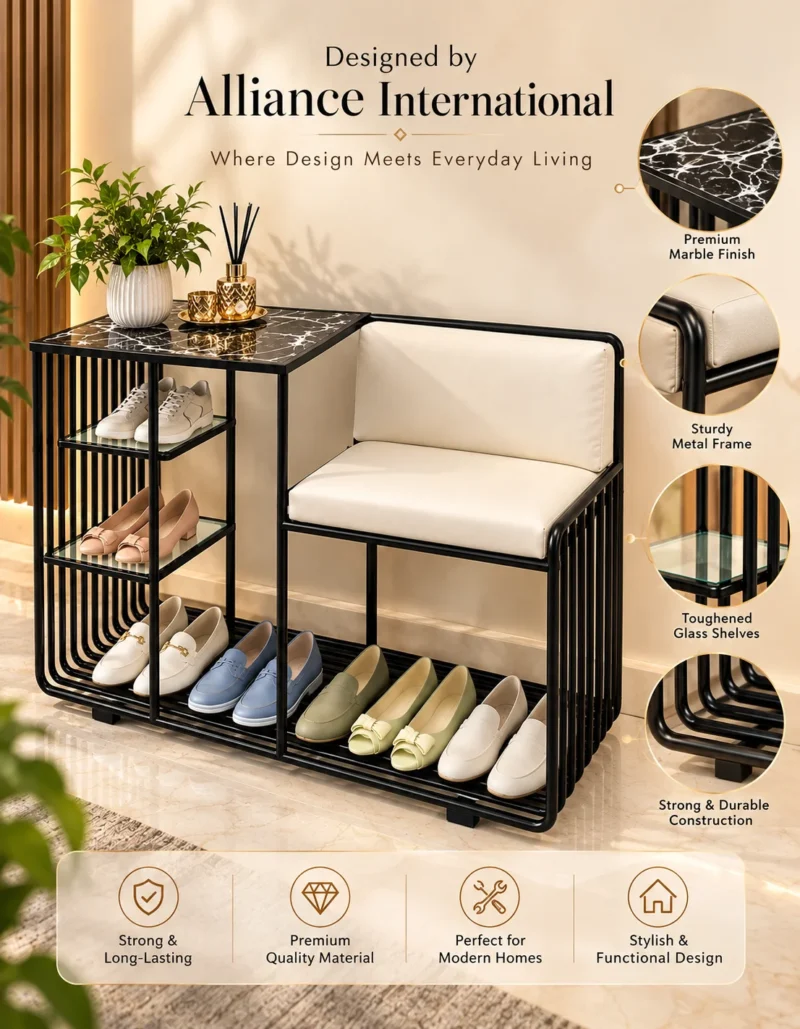 Onyx Seat Luxe shoe rack with chair, black frame and multi-level shoe storage