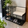Onyx Seat Luxe shoe rack with chair, black frame and multi-level shoe storage