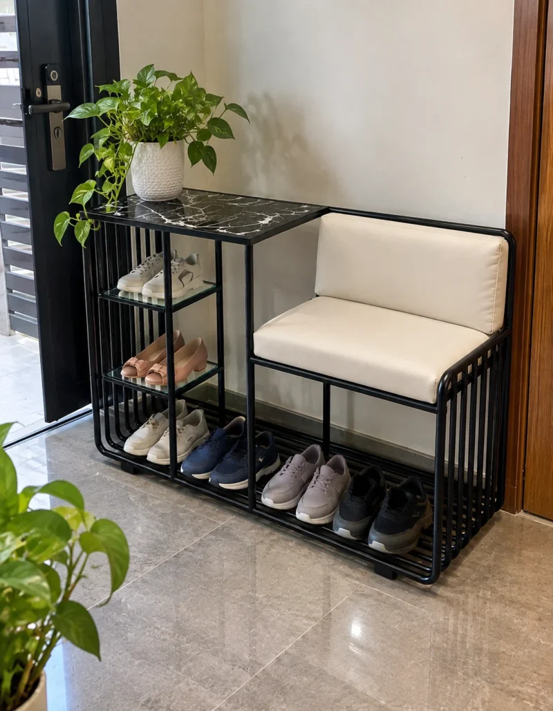 Onyx Seat Luxe shoe rack with chair, black frame and multi-level shoe storage