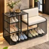 Onyx Seat Luxe shoe rack with chair, black frame and multi-level shoe storage