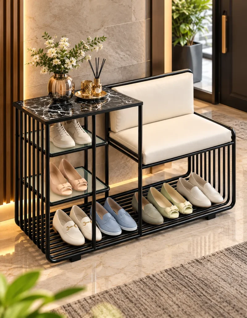 Onyx Seat Luxe shoe rack with chair, black frame and multi-level shoe storage