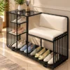 Onyx Seat Luxe shoe rack with chair, black frame and multi-level shoe storage