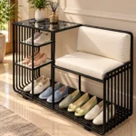Onyx Seat Luxe shoe rack with chair, black frame and multi-level shoe storage