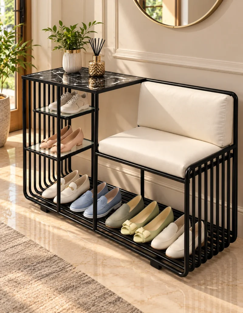 Onyx Seat Luxe shoe rack with chair, black frame and multi-level shoe storage