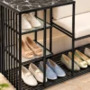 Onyx Seat Luxe shoe rack with chair, black frame and multi-level shoe storage