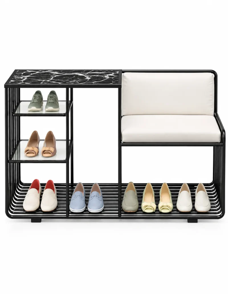 Onyx Seat Luxe shoe rack with chair, black frame and multi-level shoe storage
