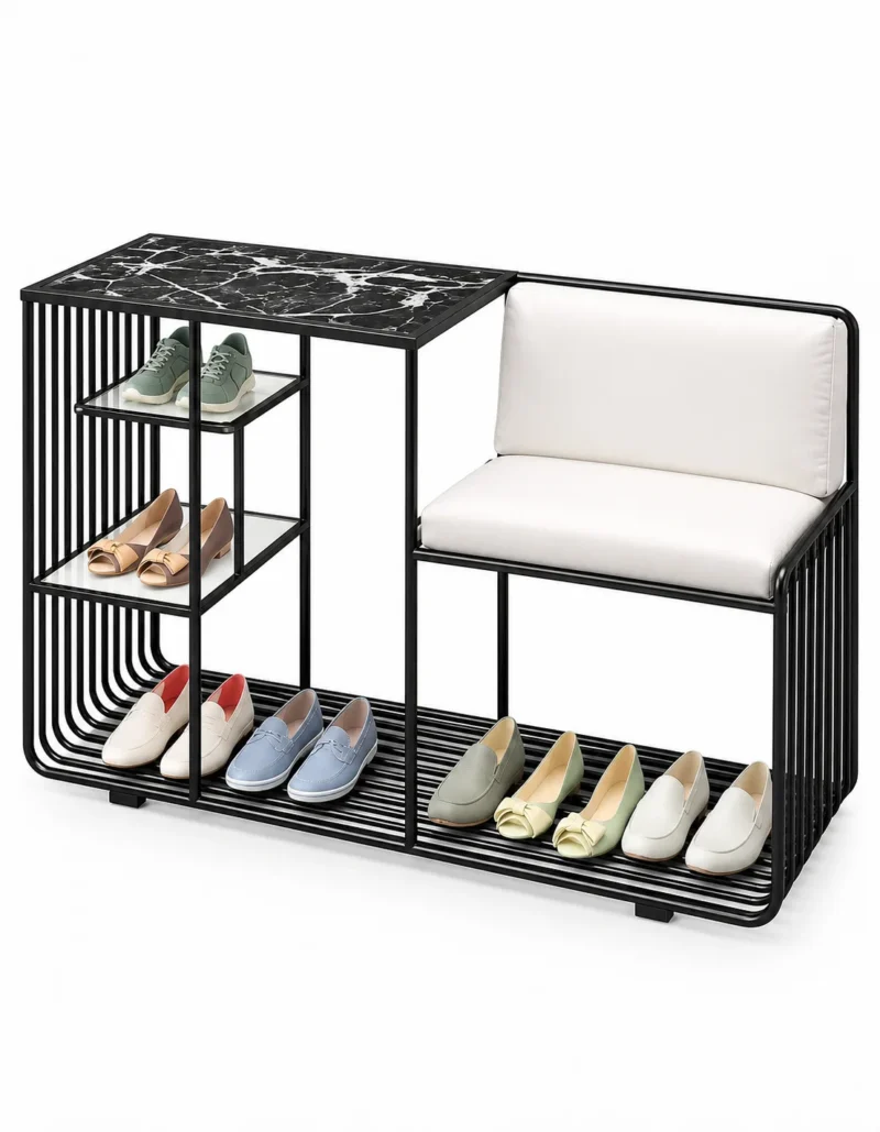 Onyx Seat Luxe shoe rack with chair, black frame and multi-level shoe storage