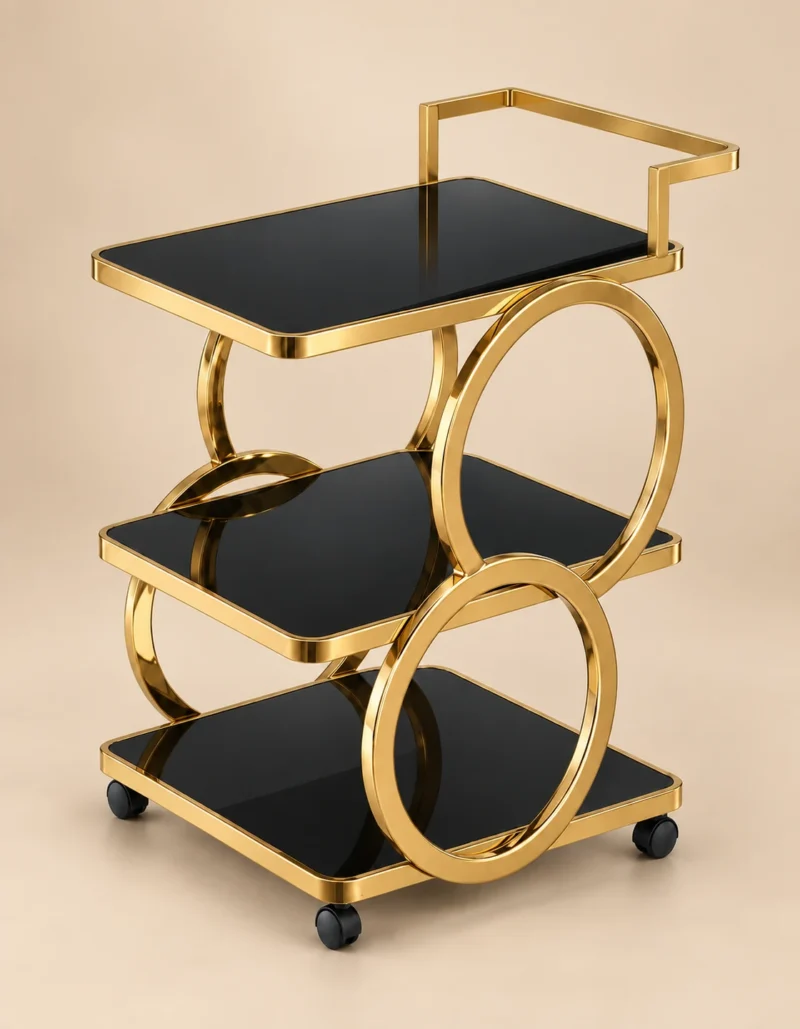 Orbit Luxe circular frame serving trolley with gold finish