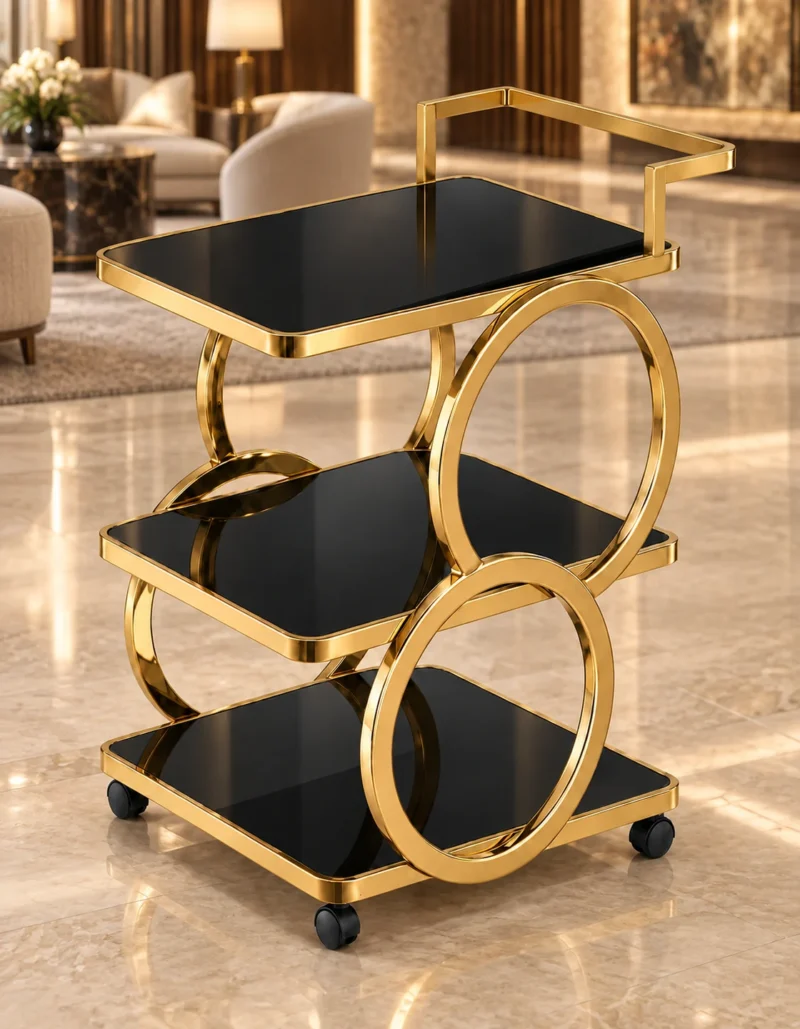 Orbit Luxe circular frame serving trolley with gold finish