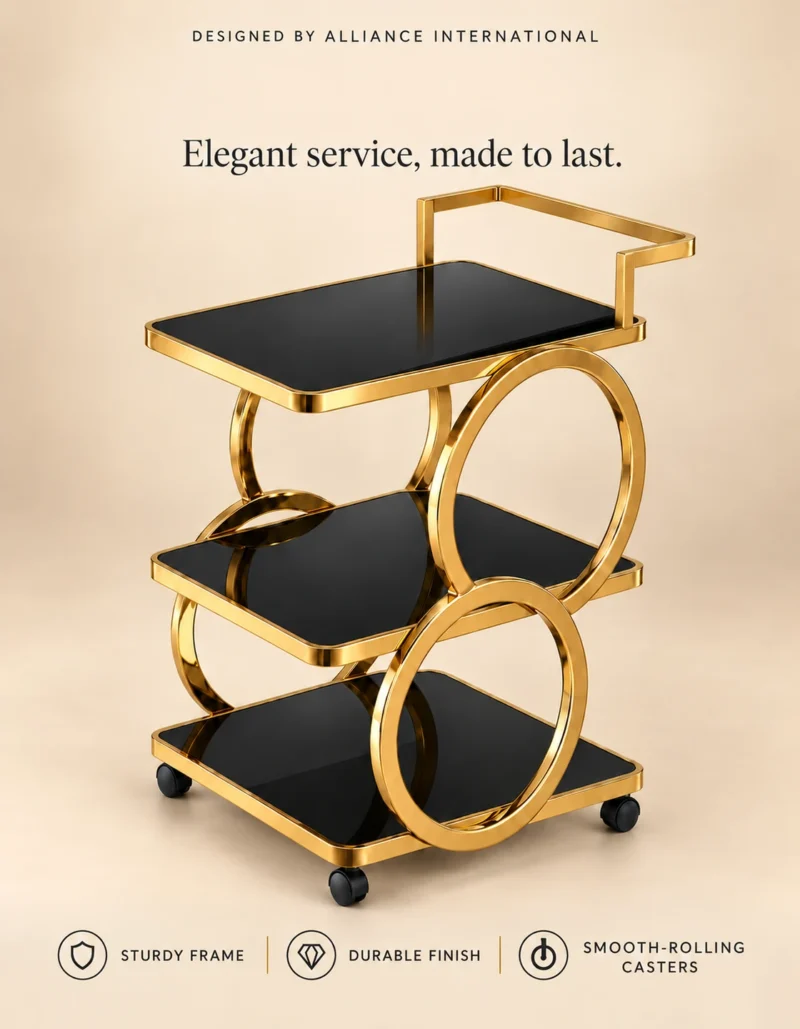 Orbit Luxe circular frame serving trolley with gold finish