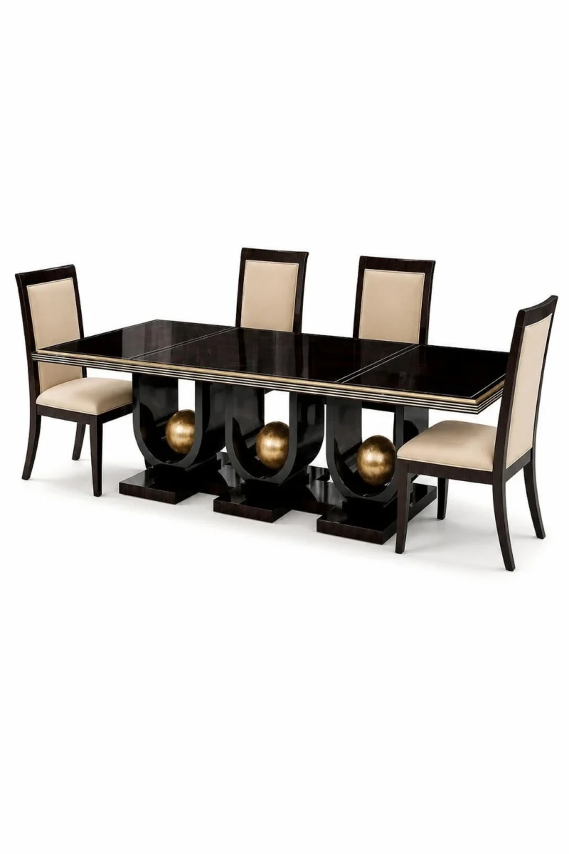 Orion black dining table with three gold sphere supports and four cream chairs