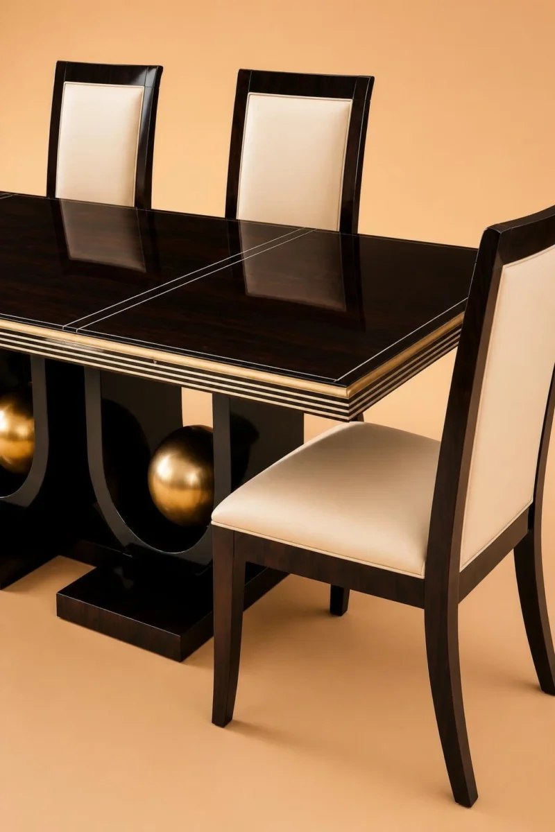 Orion black dining table with three gold sphere supports and four cream chairs