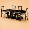 Orion black dining table with three gold sphere supports and four cream chairs