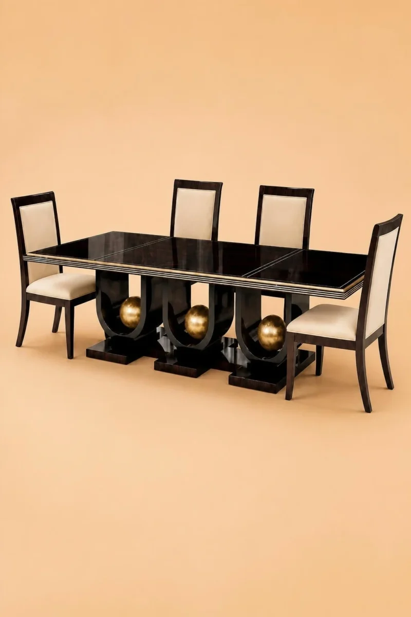 Orion black dining table with three gold sphere supports and four cream chairs