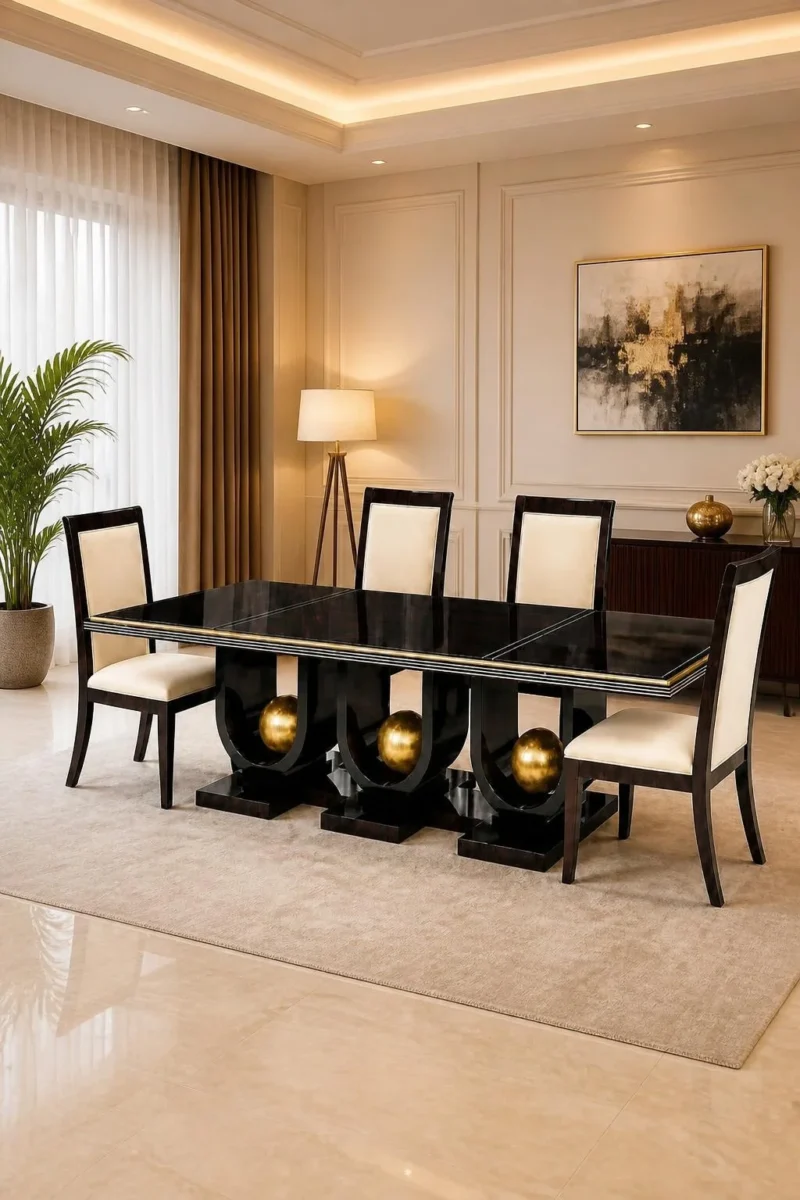 Orion black dining table with three gold sphere supports and four cream chairs