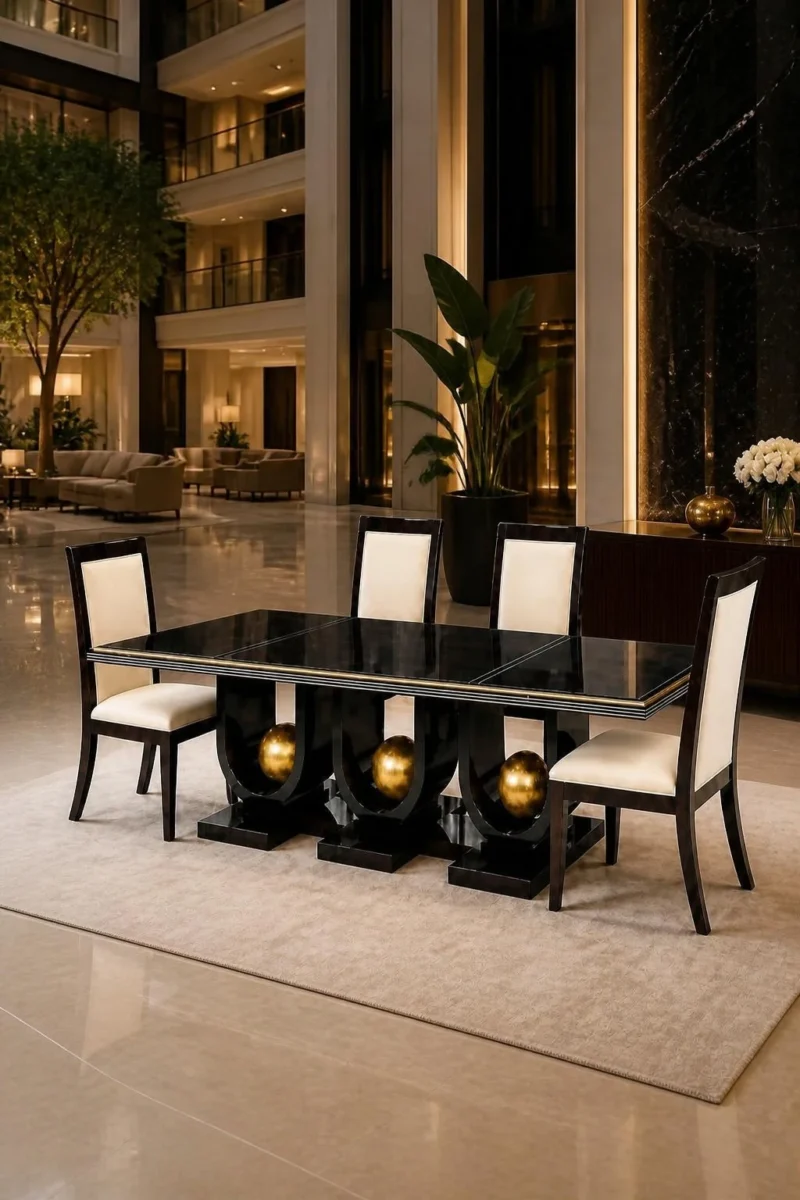 Orion black dining table with three gold sphere supports and four cream chairs