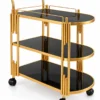 Orlena Luxe rounded edge serving trolley with gold frame and black serving surfaces