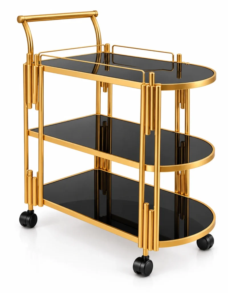 Orlena Luxe rounded edge serving trolley with gold frame and black serving surfaces