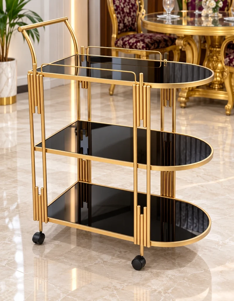 Orlena Luxe rounded edge serving trolley with gold frame and black serving surfaces