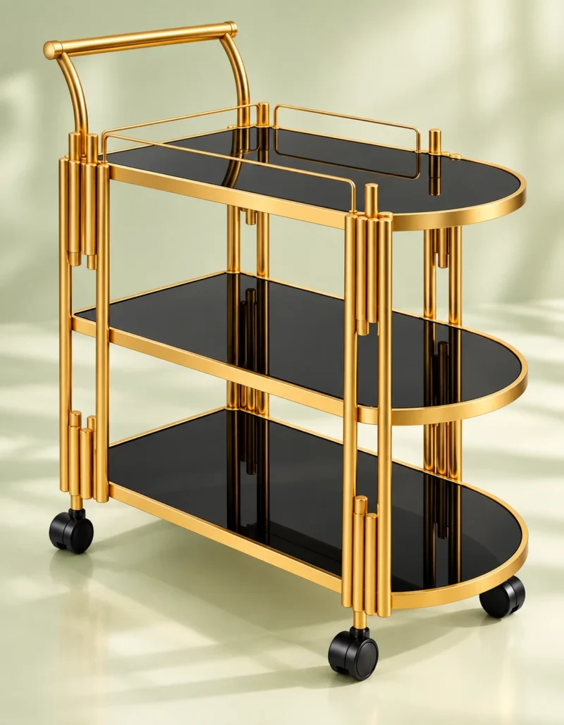Orlena Luxe rounded edge serving trolley with gold frame and black serving surfaces