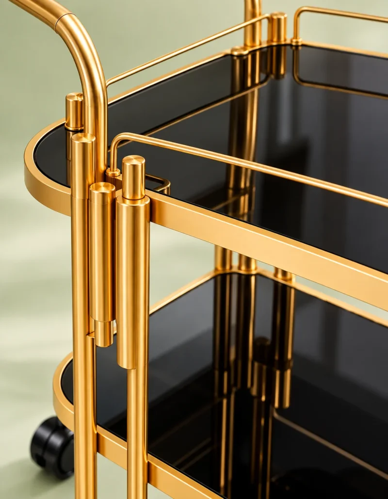 Orlena Luxe rounded edge serving trolley with gold frame and black serving surfaces