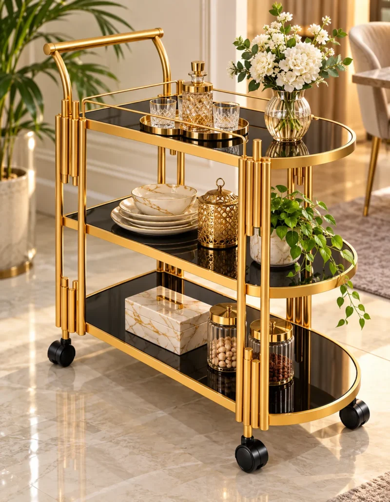 Orlena Luxe rounded edge serving trolley with gold frame and black serving surfaces