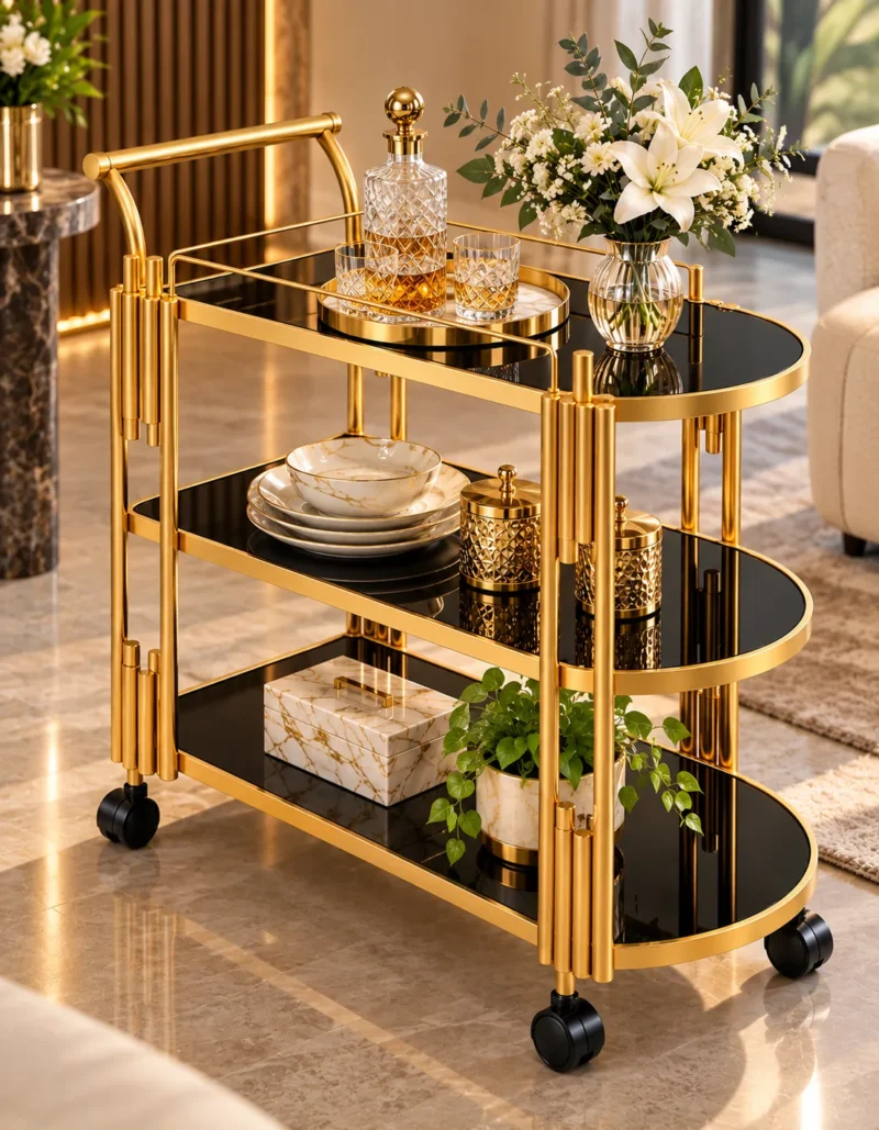 Orlena Luxe rounded edge serving trolley with gold frame and black serving surfaces