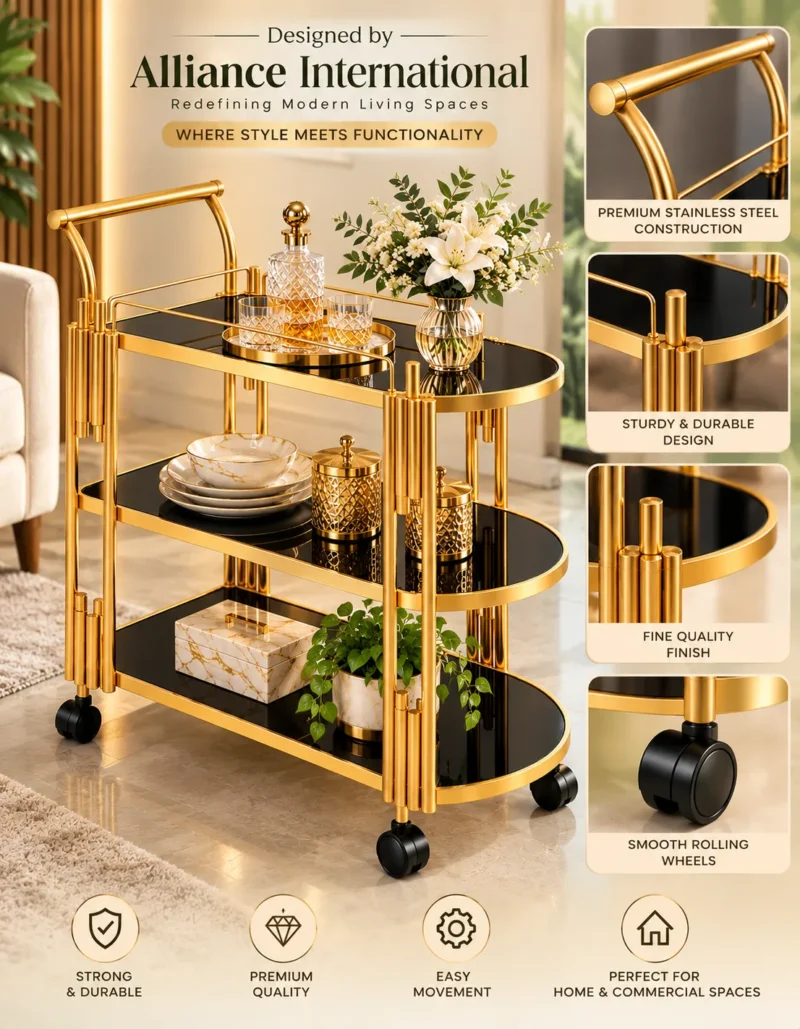 Orlena Luxe rounded edge serving trolley with gold frame and black serving surfaces