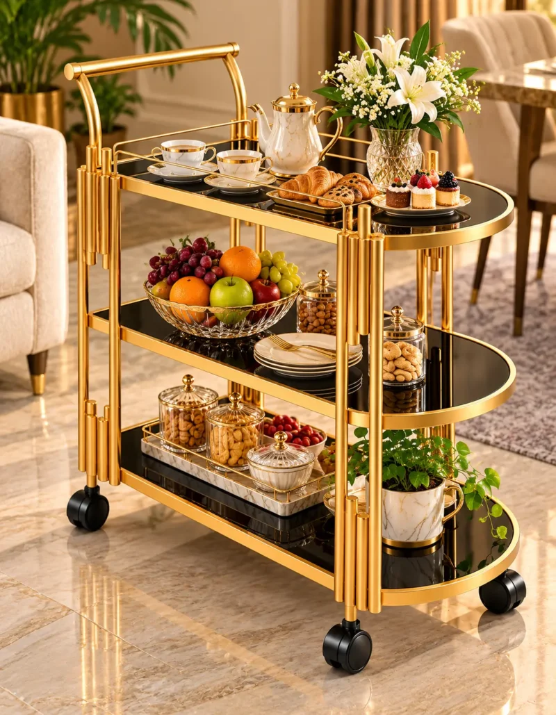 Orlena Luxe rounded edge serving trolley with gold frame and black serving surfaces