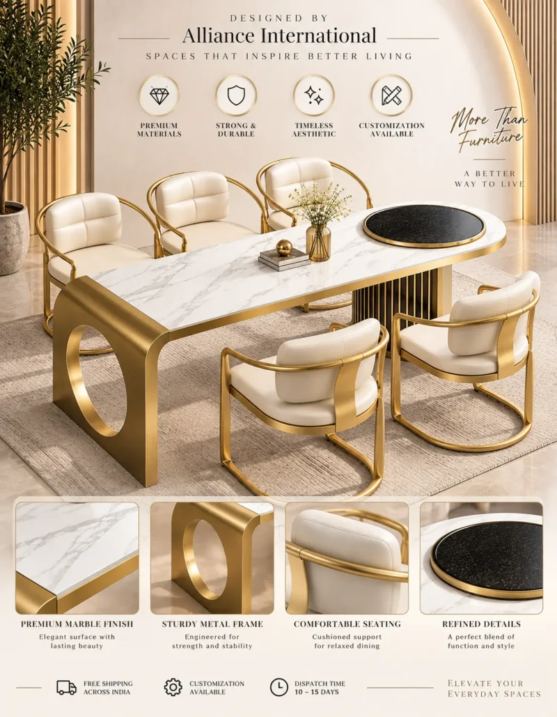 Orlena Luxe white marble dining table with gold base and upholstered chairs