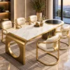 Orlena Luxe white marble dining table with gold base and upholstered chairs