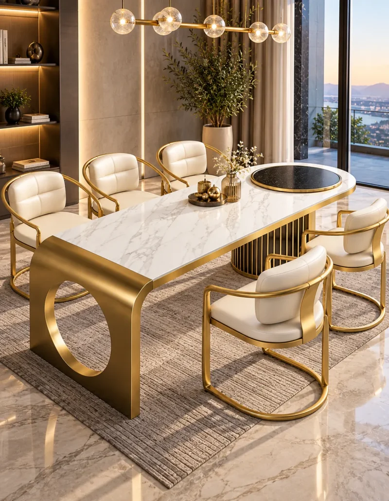 Orlena Luxe white marble dining table with gold base and upholstered chairs