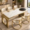 Orlena Luxe white marble dining table with gold base and upholstered chairs