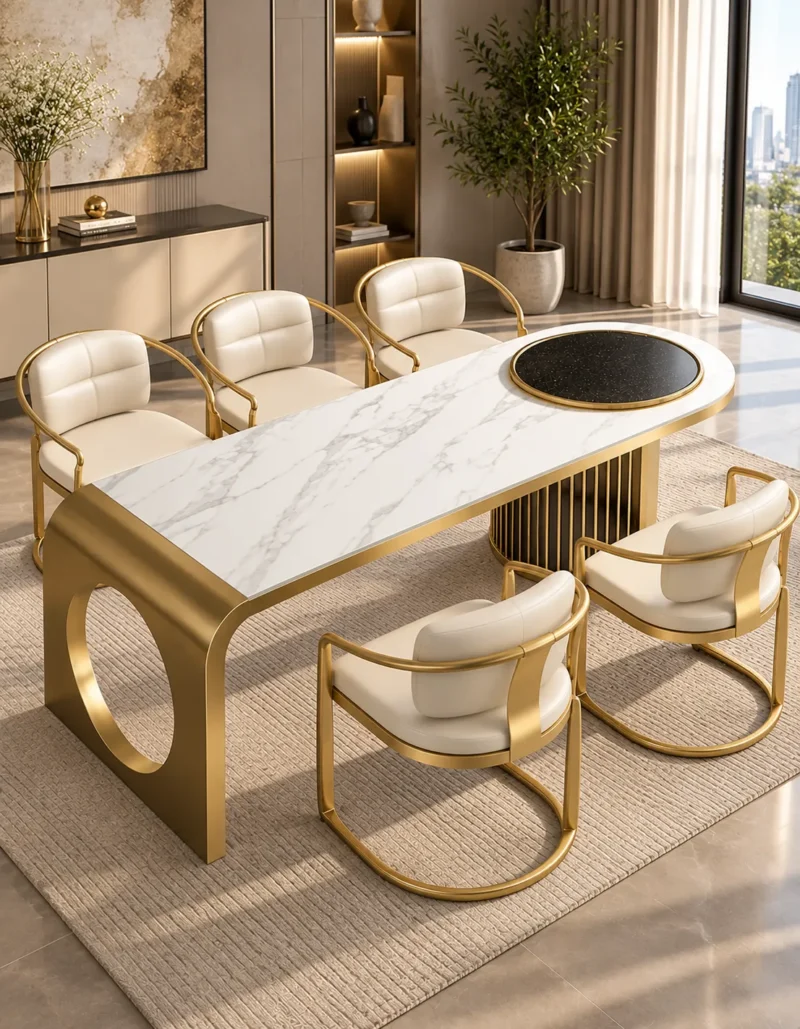 Orlena Luxe white marble dining table with gold base and upholstered chairs