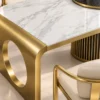 Orlena Luxe white marble dining table with gold base and upholstered chairs