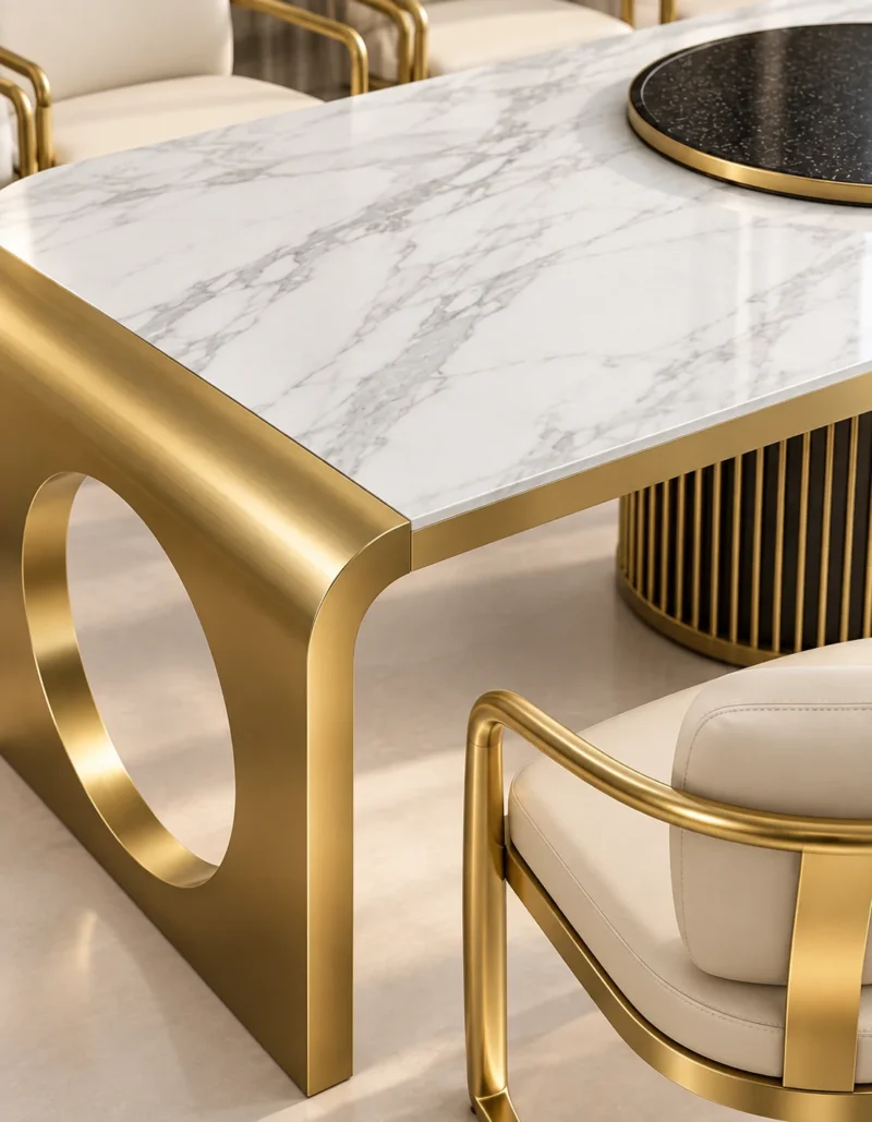 Orlena Luxe white marble dining table with gold base and upholstered chairs
