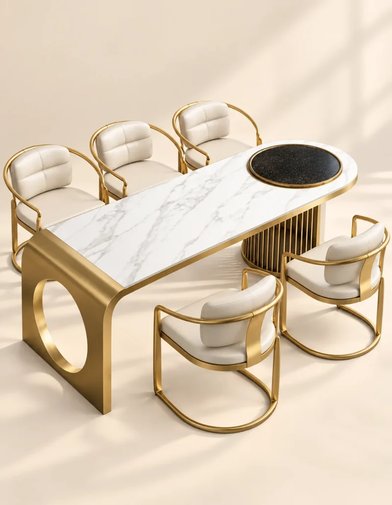 Orlena Luxe white marble dining table with gold base and upholstered chairs
