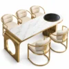 Orlena Luxe white marble dining table with gold base and upholstered chairs