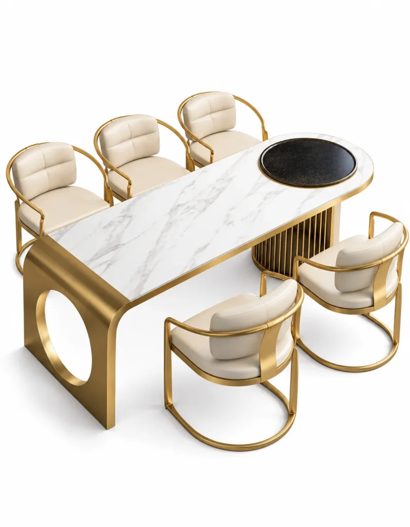 Orlena Luxe white marble dining table with gold base and upholstered chairs