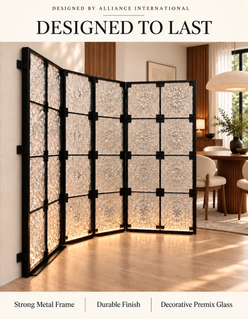 PrismFold Luxe folding premix glass partition with black frame