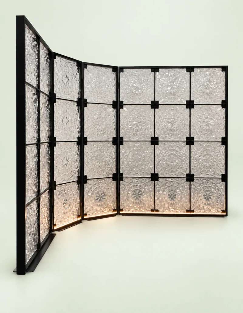 PrismFold Luxe folding premix glass partition with black frame