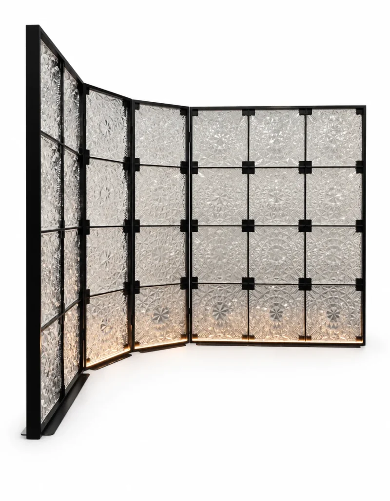 PrismFold Luxe folding premix glass partition with black frame